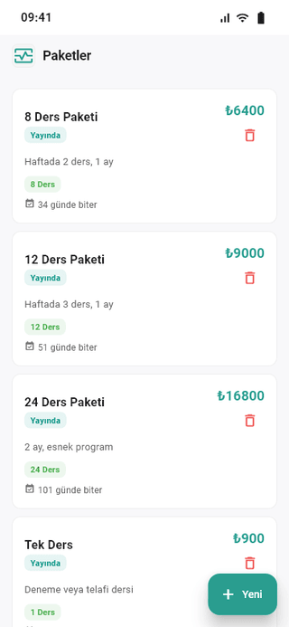 My PT uygulamasında ders paketleri listesi